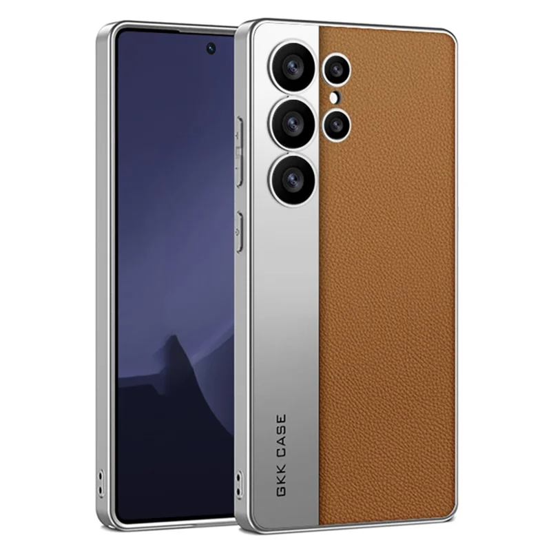 GKK For Samsung Galaxy S25 Ultra Case Electroplated PU Leather + PC + TPU Matte Phone Back Cover - Brown