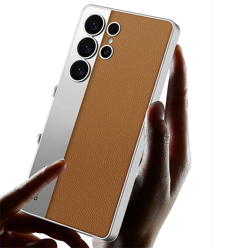GKK For Samsung Galaxy S25 Ultra Case Electroplated PU Leather + PC + TPU Matte Phone Back Cover - Brown