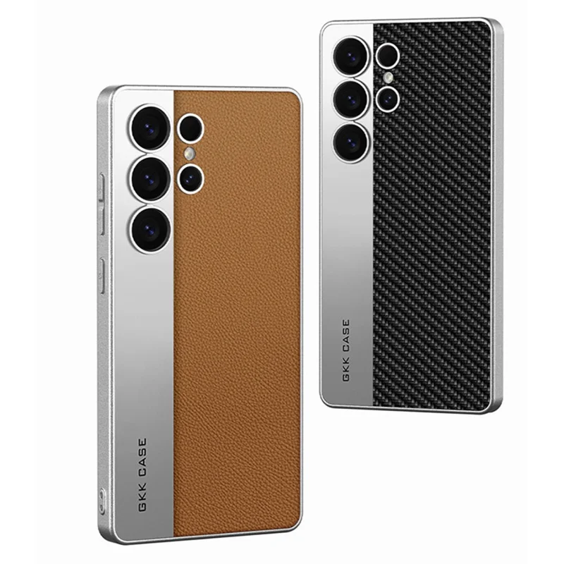 GKK For Samsung Galaxy S25 Ultra Case Electroplated PU Leather + PC + TPU Matte Phone Back Cover - Brown