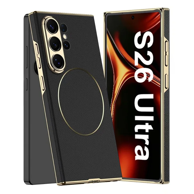 GKK For Samsung Galaxy S26 Ultra Case Magnetic Nickel Ring Leather TPU Electroplating Phone Cover - Black