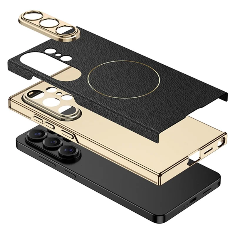 GKK For Samsung Galaxy S26 Ultra Case Magnetic Nickel Ring Leather TPU Electroplating Phone Cover - Black