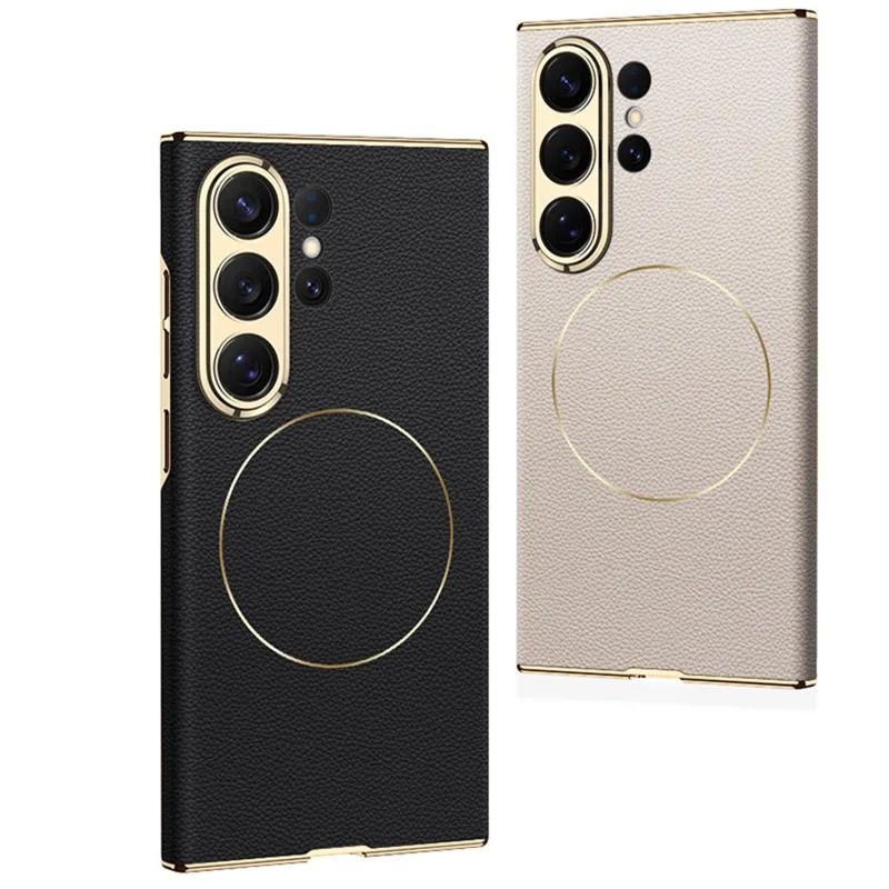 GKK For Samsung Galaxy S26 Ultra Case Magnetic Nickel Ring Leather TPU Electroplating Phone Cover - Black