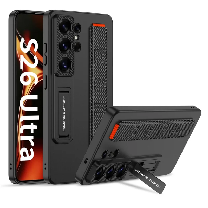 GKK Capa para Samsung Galaxy S26 Ultra com Alça Suporte PU+PC Rígido Capa de Proteção - Textura Fibra de Carbono
