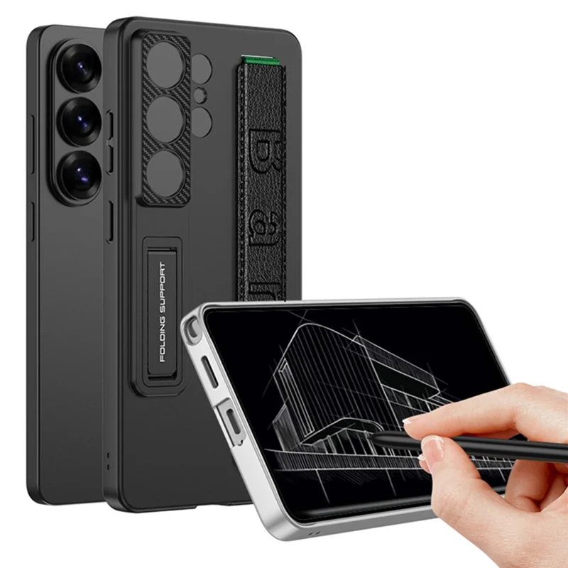 GKK Capa para Samsung Galaxy S26 Ultra com Alça Suporte PU+PC Rígido Capa de Proteção - Textura Fibra de Carbono