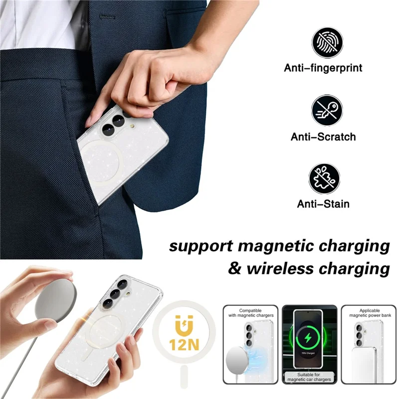 For Samsung Galaxy S26 Magnetic Case Glitter Powder PC + TPU Phone Cover - Transparent White