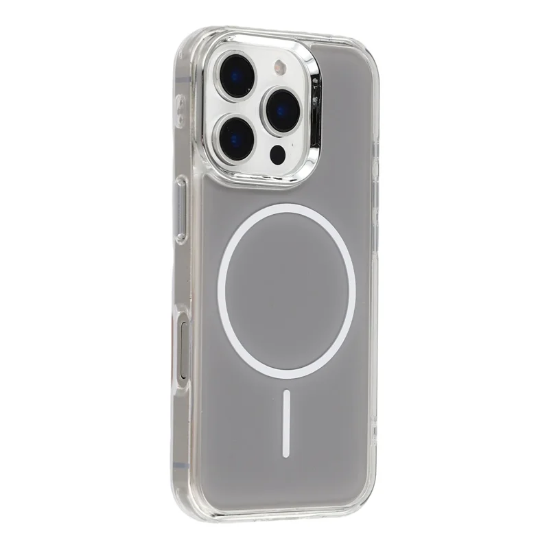 For iPhone 16 Pro Magnetic Case Electroplated Camera Frame TPU Acrylic Anti-drop Phone Back Cover Compatible with MagSafe - Grey