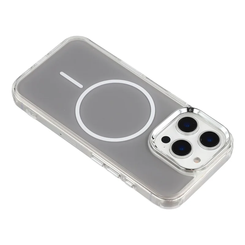 For iPhone 16 Pro Magnetic Case Electroplated Camera Frame TPU Acrylic Anti-drop Phone Back Cover Compatible with MagSafe - Grey