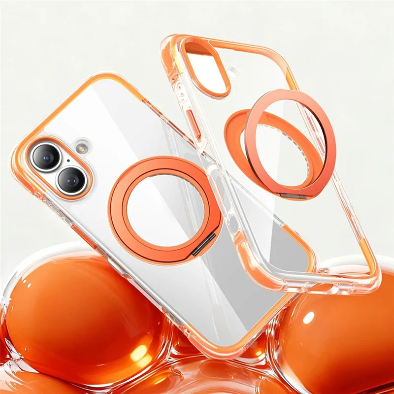 For iPhone 17 Case Compatible with MagSafe Rotating Kickstand Clear Acrylic TPU Shockproof Phone Cover - Orange