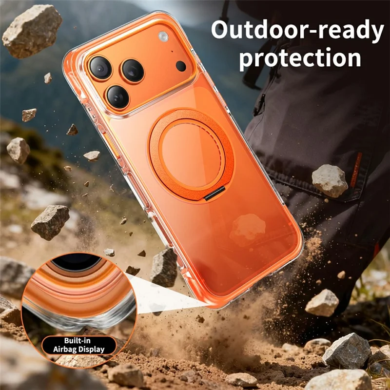For iPhone 17 Case Compatible with MagSafe Rotating Kickstand Clear Acrylic TPU Shockproof Phone Cover - Orange