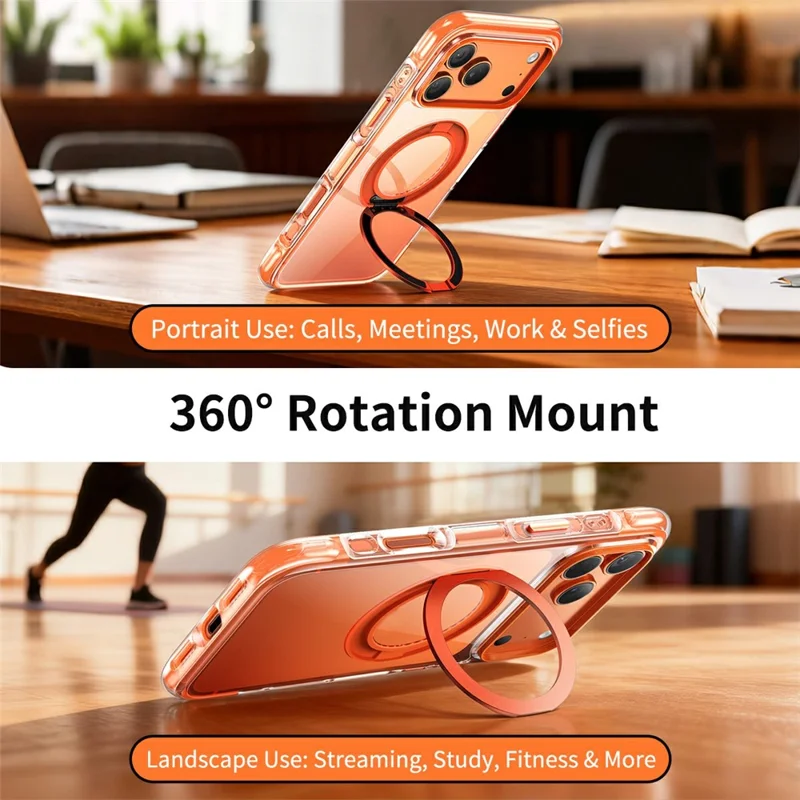 For iPhone 17 Case Compatible with MagSafe Rotating Kickstand Clear Acrylic TPU Shockproof Phone Cover - Orange