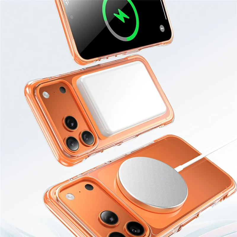 For iPhone 17 Case Compatible with MagSafe Rotating Kickstand Clear Acrylic TPU Shockproof Phone Cover - Orange