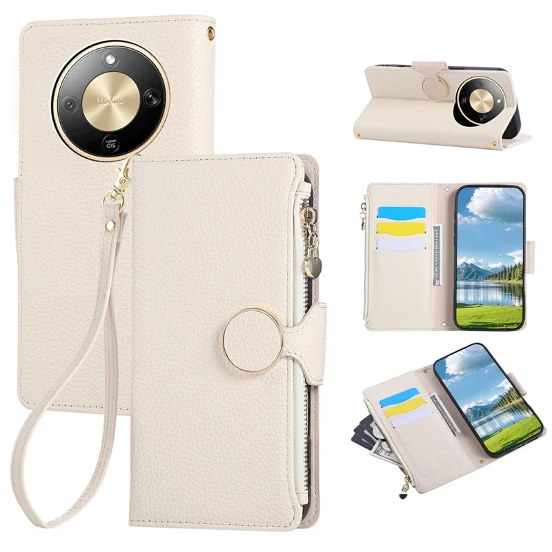 Coque pour téléphone pour Honor Magic8 Lite 5G / X9d 5G / X70 5G, étui portefeuille en cuir avec fermeture à glissière et dragonne - Beige