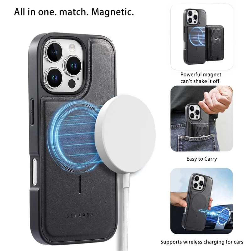 CASENEO For iPhone 16 Pro Max Case with Foldable Kickstand TPU PU Leather PC Card Bag Magnetic Phone Cover Compatible with MagSafe - Black