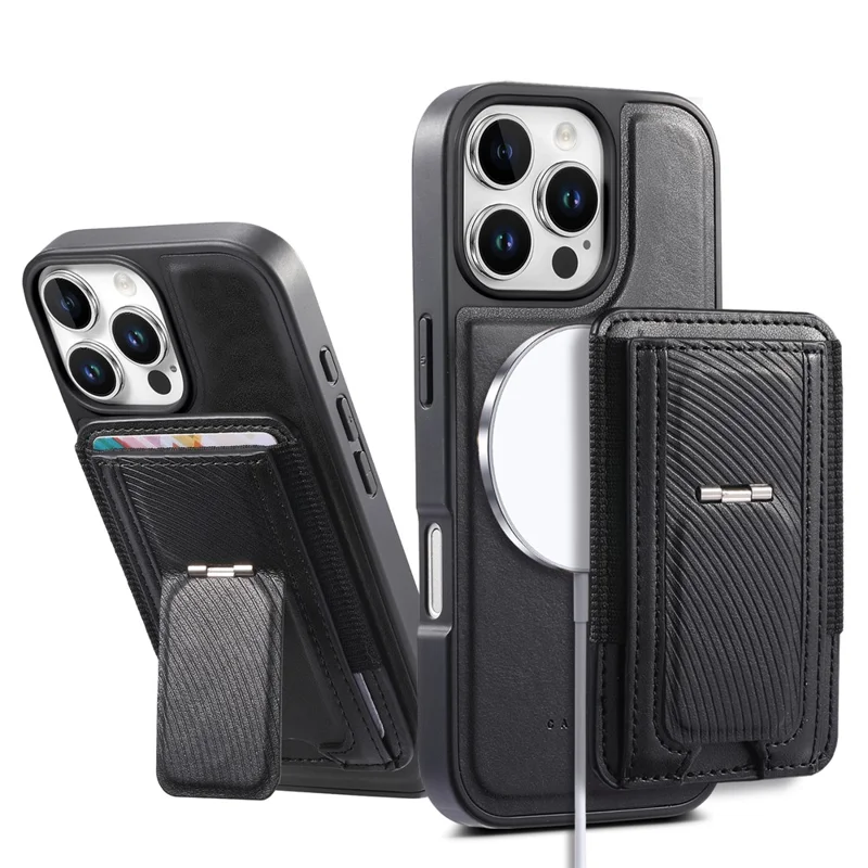 CASENEO For iPhone 16 Pro Max Case with Foldable Kickstand TPU PU Leather PC Card Bag Magnetic Phone Cover Compatible with MagSafe - Black