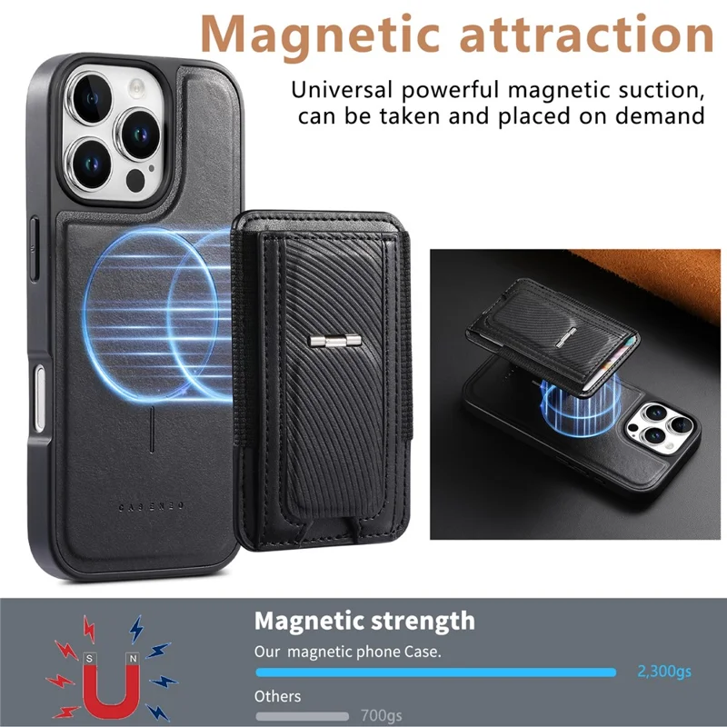 CASENEO For iPhone 16 Pro Max Case with Foldable Kickstand TPU PU Leather PC Card Bag Magnetic Phone Cover Compatible with MagSafe - Black
