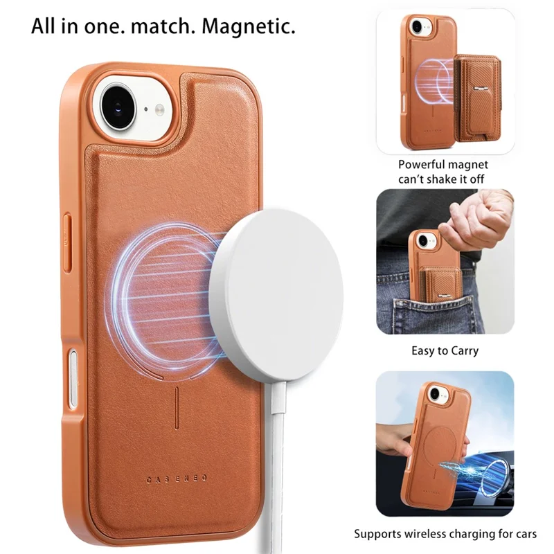 CASENEO For iPhone 16e Case with Foldable Kickstand TPU PU Leather PC Card Bag Magnetic Phone Cover  Compatible with MagSafe - Brown