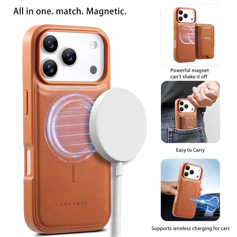 CASENEO For iPhone 17 Pro Max Case with Foldable Kickstand TPU PU Leather PC Card Bag Magnetic Phone Cover  Compatible with MagSafe - Brown