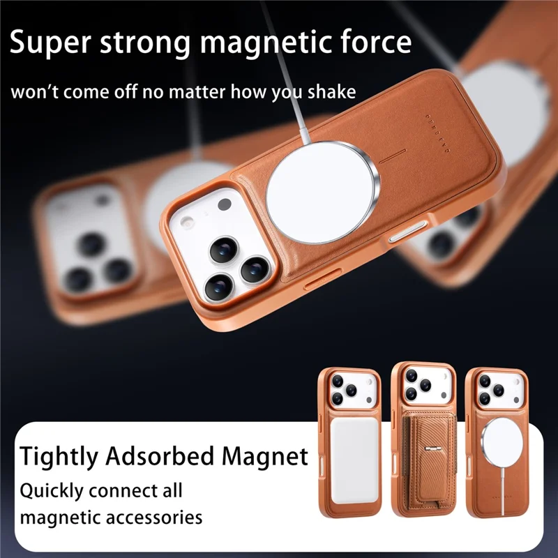 CASENEO For iPhone 17 Pro Max Case with Foldable Kickstand TPU PU Leather PC Card Bag Magnetic Phone Cover  Compatible with MagSafe - Brown