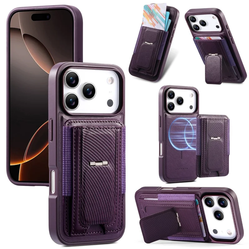 CASENEO For iPhone 17 Pro Case with Foldable Kickstand TPU PU Leather PC Card Bag Magnetic Phone Cover  Compatible with MagSafe - Purple