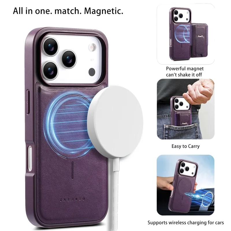 CASENEO For iPhone 17 Pro Case with Foldable Kickstand TPU PU Leather PC Card Bag Magnetic Phone Cover  Compatible with MagSafe - Purple