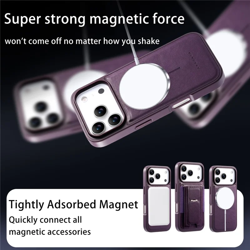 CASENEO For iPhone 17 Pro Case with Foldable Kickstand TPU PU Leather PC Card Bag Magnetic Phone Cover  Compatible with MagSafe - Purple