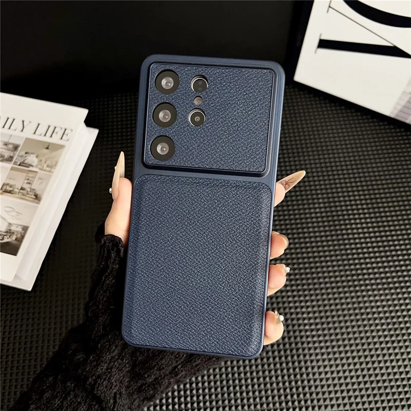 For Samsung Galaxy S25 Ultra Case Precise Cutouts Textured PU Leather Coated PC + TPU Phone Cover - Blue