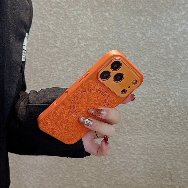 For iPhone 17 Pro Magnetic Back Cover Precise Cutouts Textured PU Leather Coated TPU + PC Protective Phone Case Compatible with MagSafe - Orange