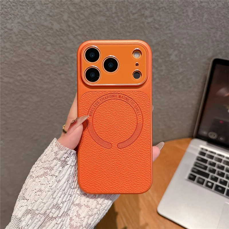 For iPhone 17 Pro Magnetic Back Cover Precise Cutouts Textured PU Leather Coated TPU + PC Protective Phone Case Compatible with MagSafe - Orange
