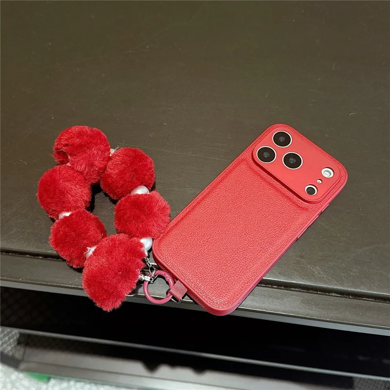 For iPhone 17 Pro Max Case TPU PU Leather PC Anti-drop Phone Back Cover with Wrist Strap - Red Plush Circle