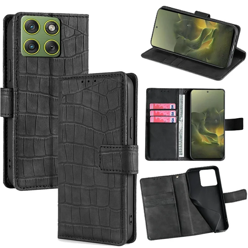 Voor Motorola Edge 70 5G Hoesje Krokostructuur PU Leren Telefoonhoes - Zwart