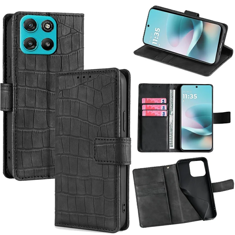 For Motorola Moto G67 Power 5G Case Crocodile Texture PU Leather Phone Cover - Black
