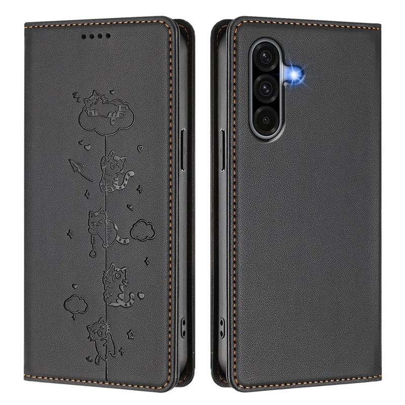 Чехол для Samsung Galaxy A56 5G / A36 5G с RFID-защитой, функцией кошелька, подставки, из кожи с принтом кота - Черный
