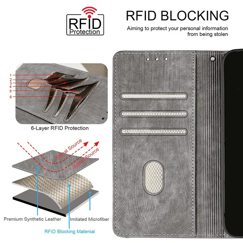For Motorola Moto G06 Power 4G / G06 4G Case RFID Blocking Color Splicing PU Leather Wallet Phone Cover - Grey