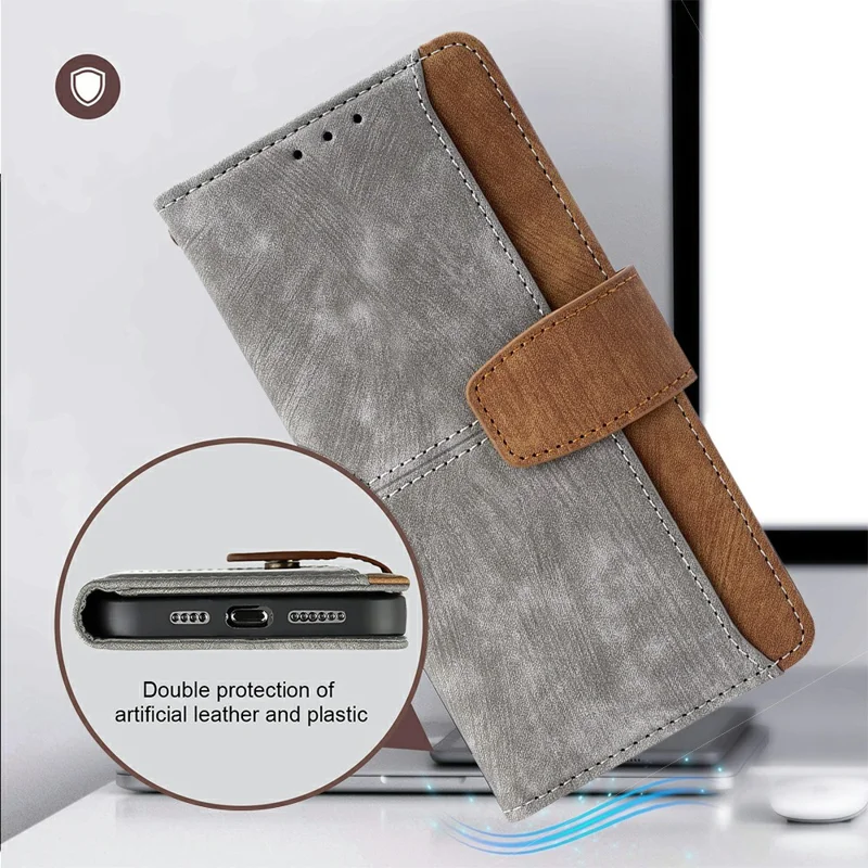 For Motorola Moto G06 Power 4G / G06 4G Case RFID Blocking Color Splicing PU Leather Wallet Phone Cover - Grey