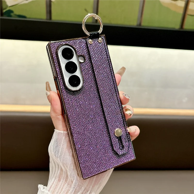 For Samsung Galaxy Z Fold7 5G Case Electroplating Glitter PC Phone Cover with Screen Film Strap Kickstand Ring Holder - Purple