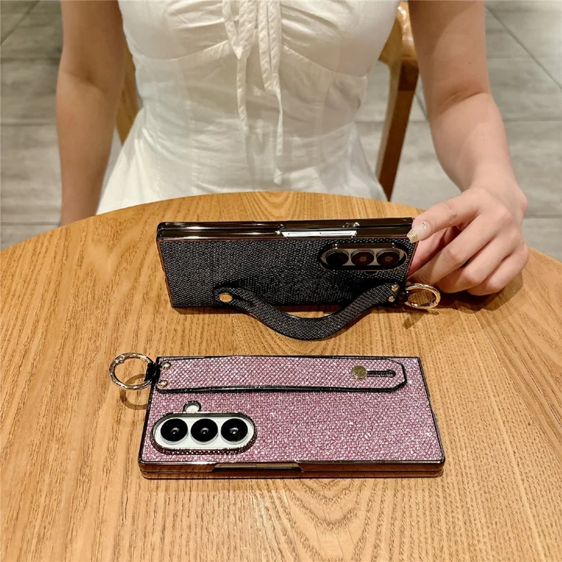 For Samsung Galaxy Z Fold7 5G Case Electroplating Glitter PC Phone Cover with Screen Film Strap Kickstand Ring Holder - Purple