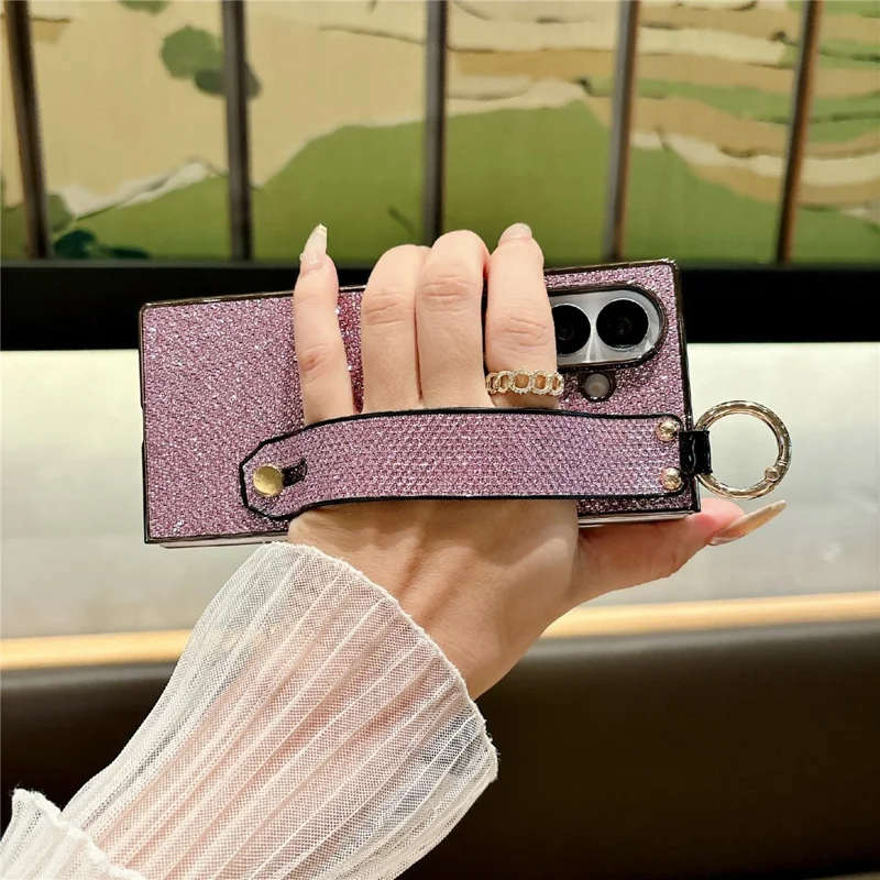 For Samsung Galaxy Z Fold7 5G Case Electroplating Glitter PC Phone Cover with Screen Film Strap Kickstand Ring Holder - Purple