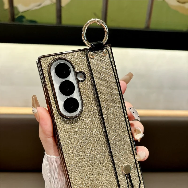 For Samsung Galaxy Z Fold7 5G Case Electroplating Glitter PC Phone Cover with Screen Film Strap Kickstand Ring Holder - Purple