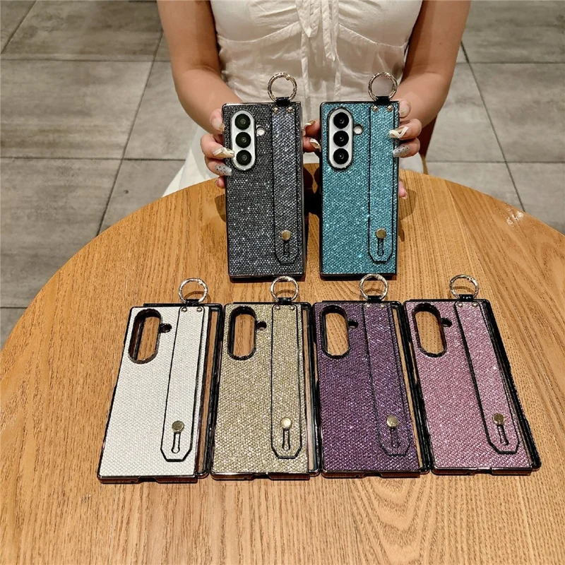 For Samsung Galaxy Z Fold7 5G Case Electroplating Glitter PC Phone Cover with Screen Film Strap Kickstand Ring Holder - Purple