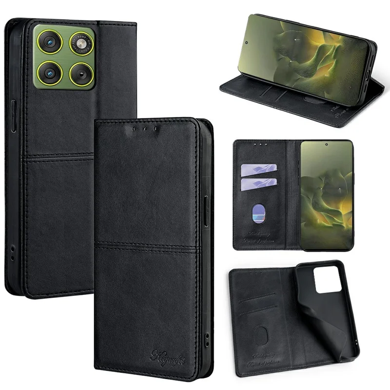 Voor Motorola Edge 70 5G hoesje met kaartslotsen, koeienhuidstructuur, lederen telefoonhoes - Zwart