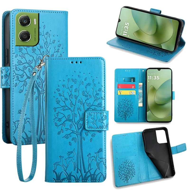 For Motorola Moto G06 Power 4G / G06 4G Case PU Leather Wallet Phone Cover Tree Deer Imprinted - Blue