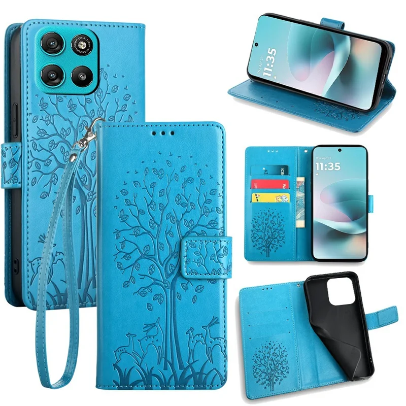 For Motorola Moto G67 Power 5G Case PU Leather Wallet Phone Cover Tree Deer Imprinted - Blue