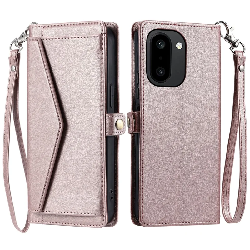 For OnePlus 15R 5G Leather Case with Wrist Strap Wallet Stand Phone Cover - Rose Gold