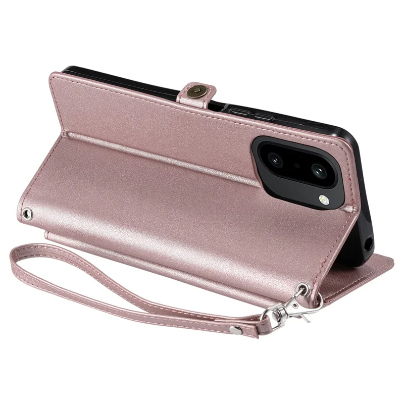 For OnePlus 15R 5G Leather Case with Wrist Strap Wallet Stand Phone Cover - Rose Gold