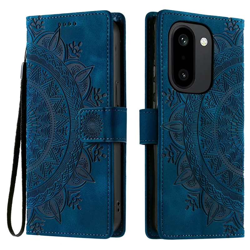 For OnePlus 15R 5G Case Imprinted Totem Skin Feel Wallet Leather Phone Cover with Hand Strap - Blue