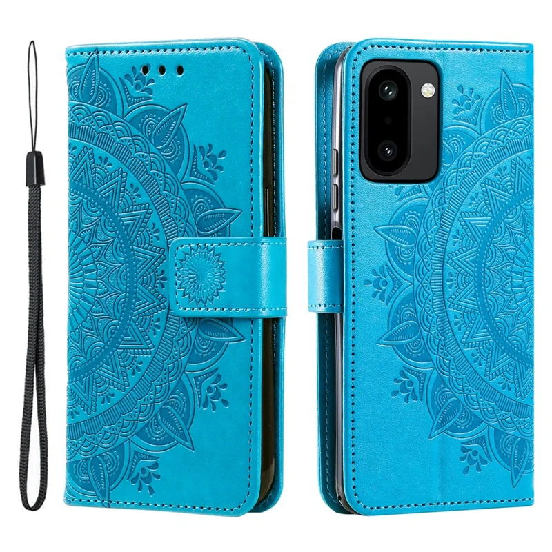 For OnePlus 15R 5G Stand Case Imprinted Totem PU Leather Wallet Phone Cover with Wrist Strap - Blue