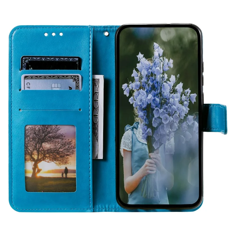 For OnePlus 15R 5G Stand Case Imprinted Totem PU Leather Wallet Phone Cover with Wrist Strap - Blue