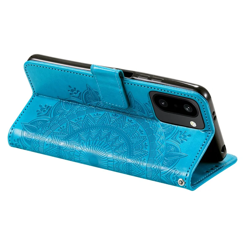 For OnePlus 15R 5G Stand Case Imprinted Totem PU Leather Wallet Phone Cover with Wrist Strap - Blue