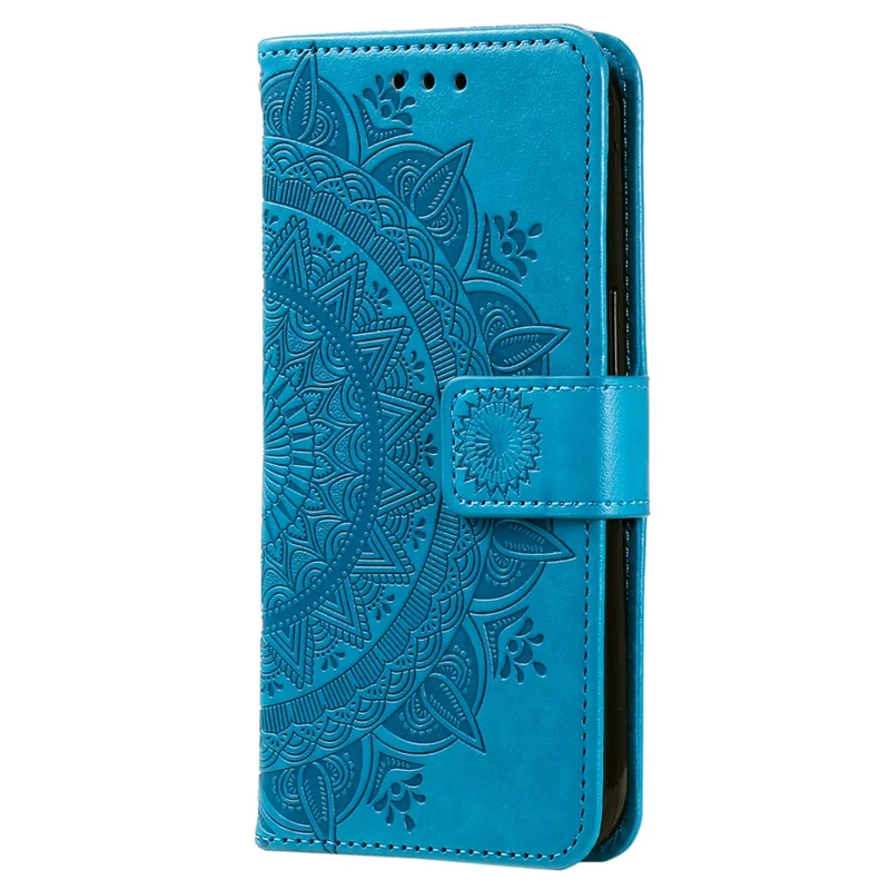 For OnePlus 15R 5G Stand Case Imprinted Totem PU Leather Wallet Phone Cover with Wrist Strap - Blue