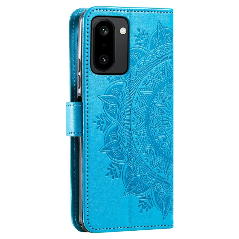 For OnePlus 15R 5G Stand Case Imprinted Totem PU Leather Wallet Phone Cover with Wrist Strap - Blue
